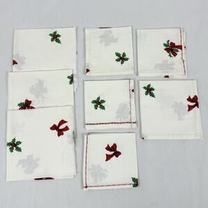Vintage Christmas Napkins Holly Bow Print Handmade Unfinished Craft Project Lot